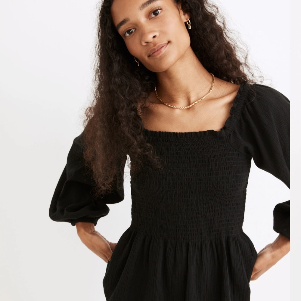 Madewell Black Smocked Square-Neck Blouse